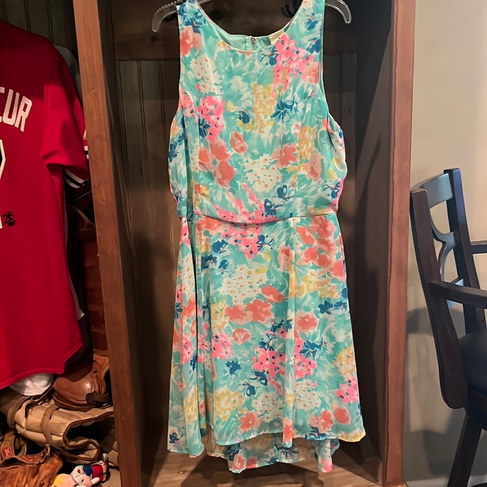 NWOT large fit and flare aqua and pink dress